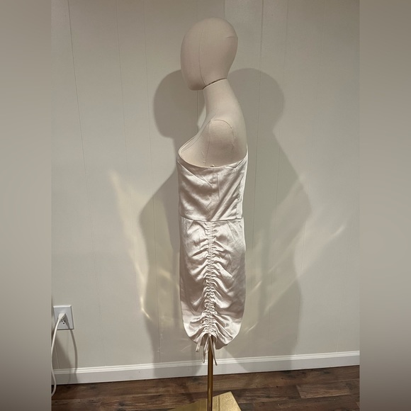 Glam One Shoulder Mini Dress w Cinched/Ruched Side, Champagne Cream Color - Picture 3 of 6